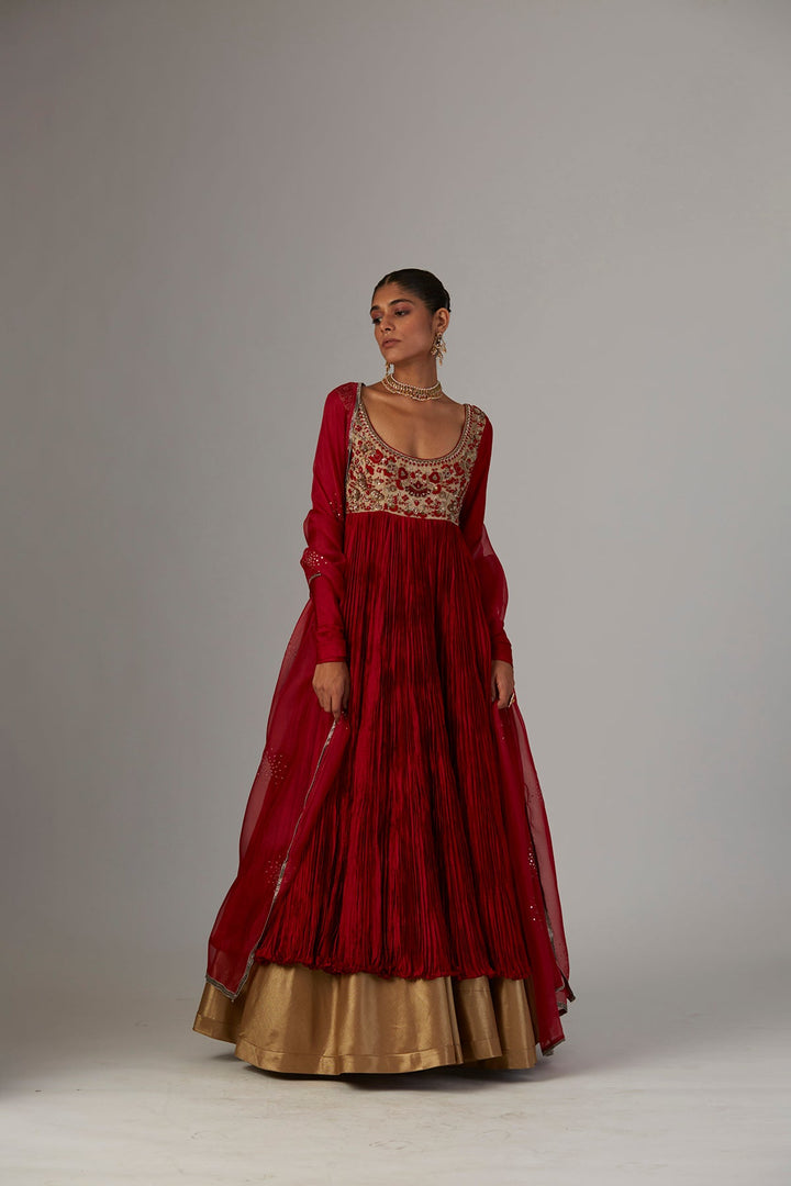 Red Silk Emb. Anarkali Organza Emb. Dupatta & Copper Lame Skirt