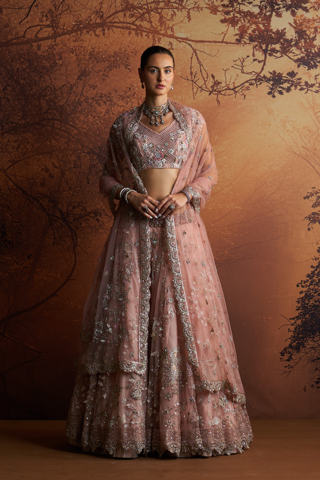 Salmon Pink Embroidered Double Layer Lehnga Paired With Scallop Embroidered Veil And Dupatta