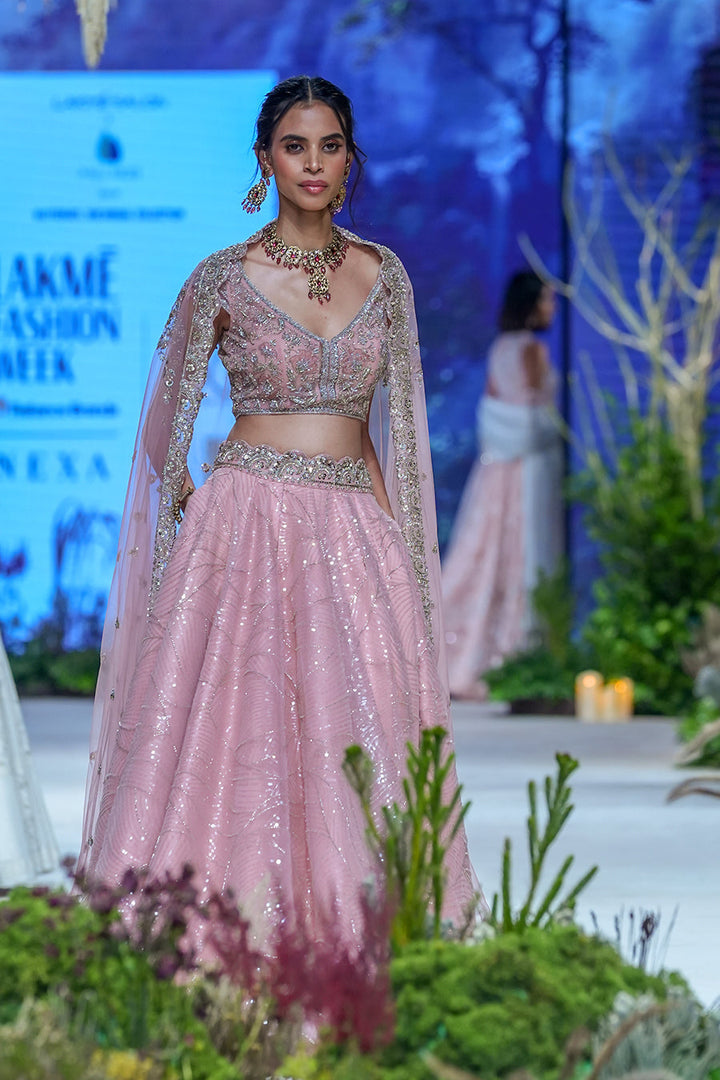 Old Rose Net Embroidered Lehenga