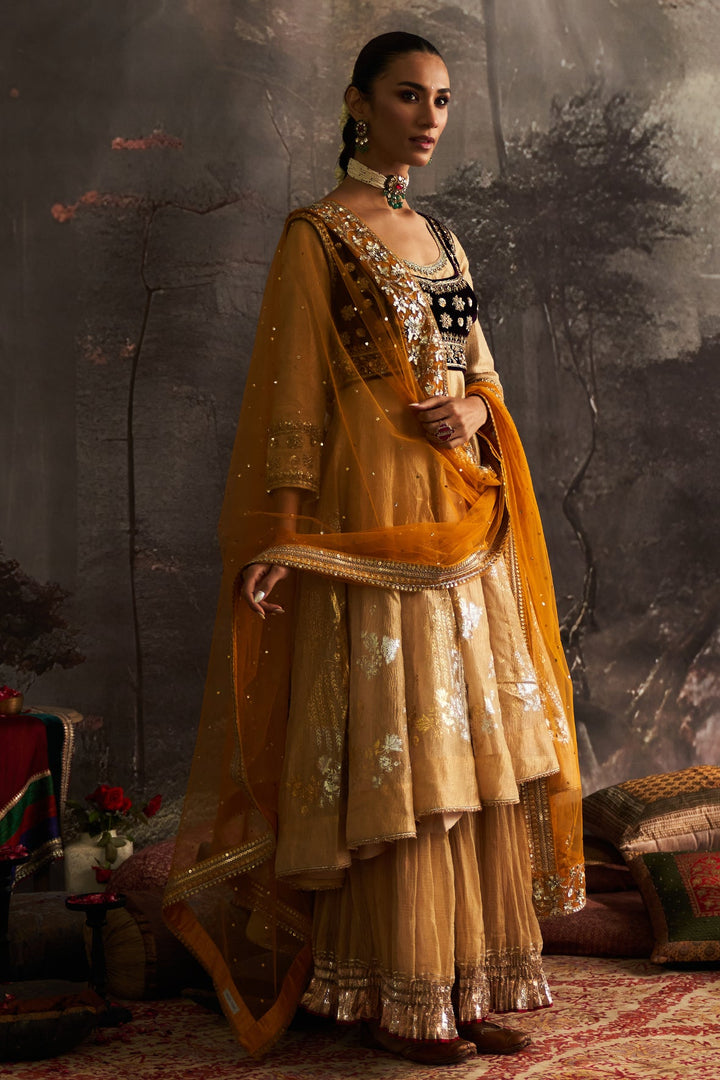 Yellow Silk Embroidered Anarkali Set (4 PCS)