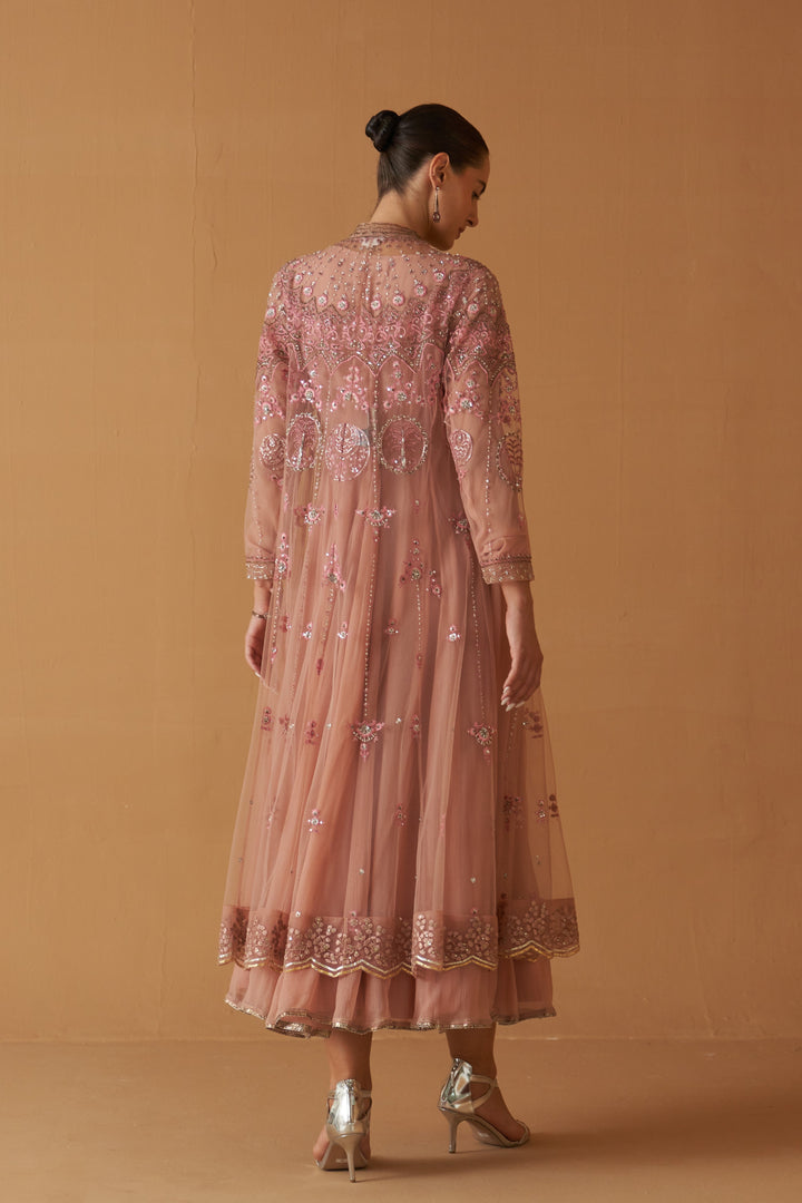 Old Rose Net Embroidered Jacket And Old Rose Chiifon Anarkali