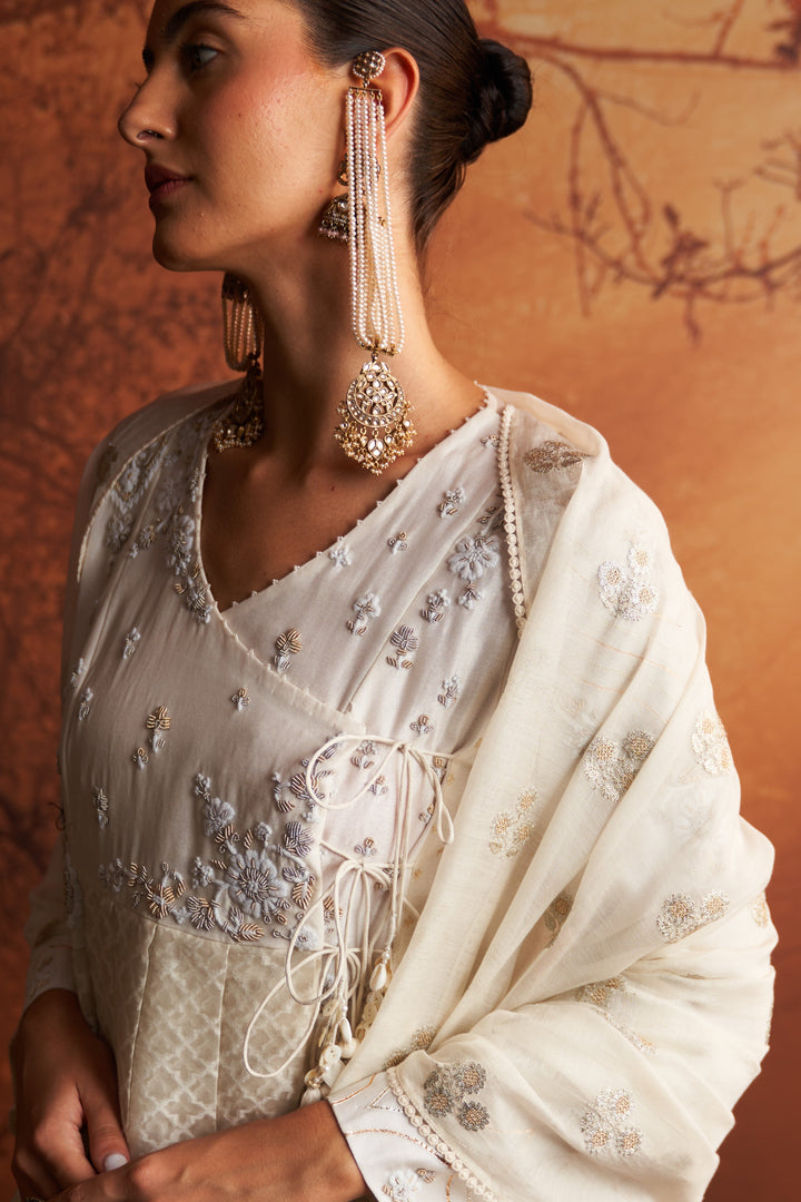 Ivory Embroidered Cutwork Woven Double Layer Angrakha Set