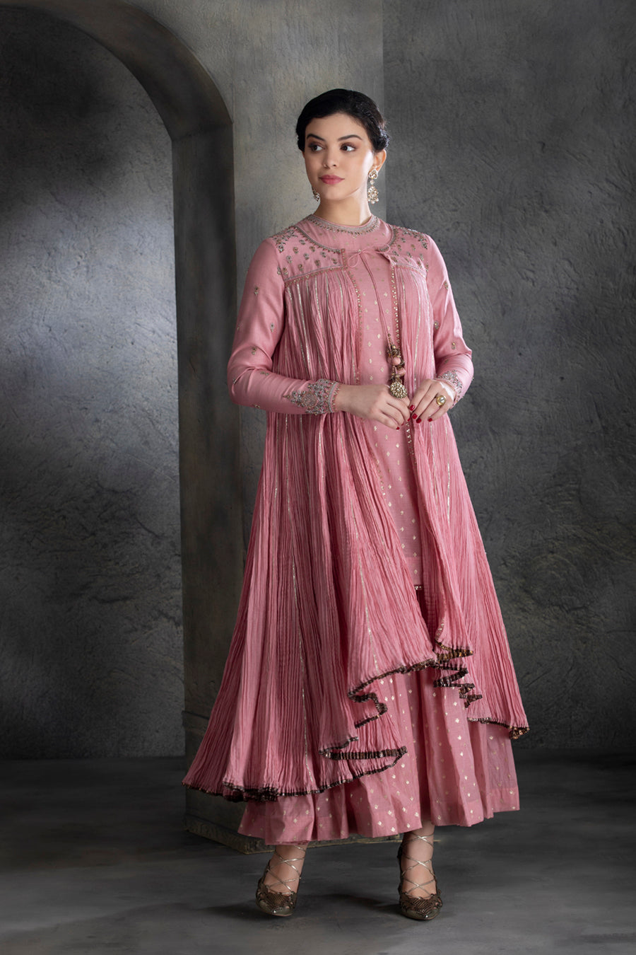 Dusty Pink Chanderi & Cotton Floral Embroidered Angrakha Set