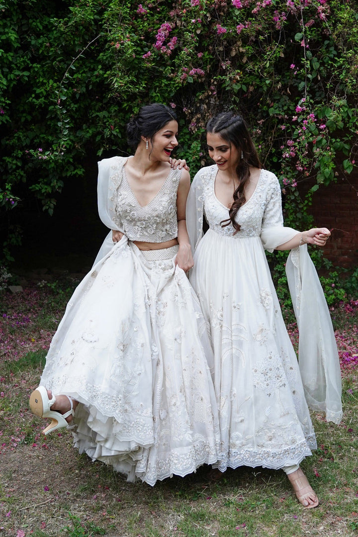 Ivory Embroidered Anarkali With Churidaar & Silk Organza Dupatta