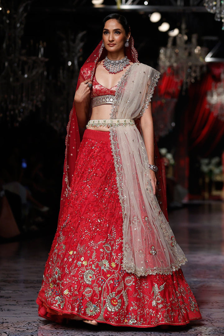 Summer Red Dupion Embroidered Lehenga Set (4 PCS)