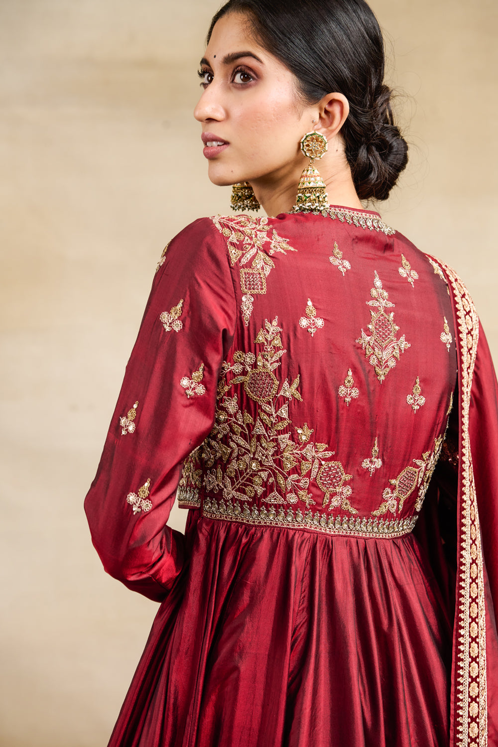 Maroon Silk Jacket Style Embroidered Anarkali Set