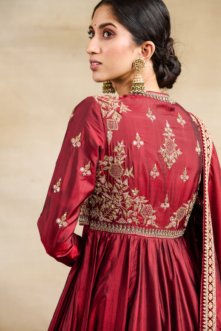 Maroon Silk Jacket Style Embroidered Anarkali Set