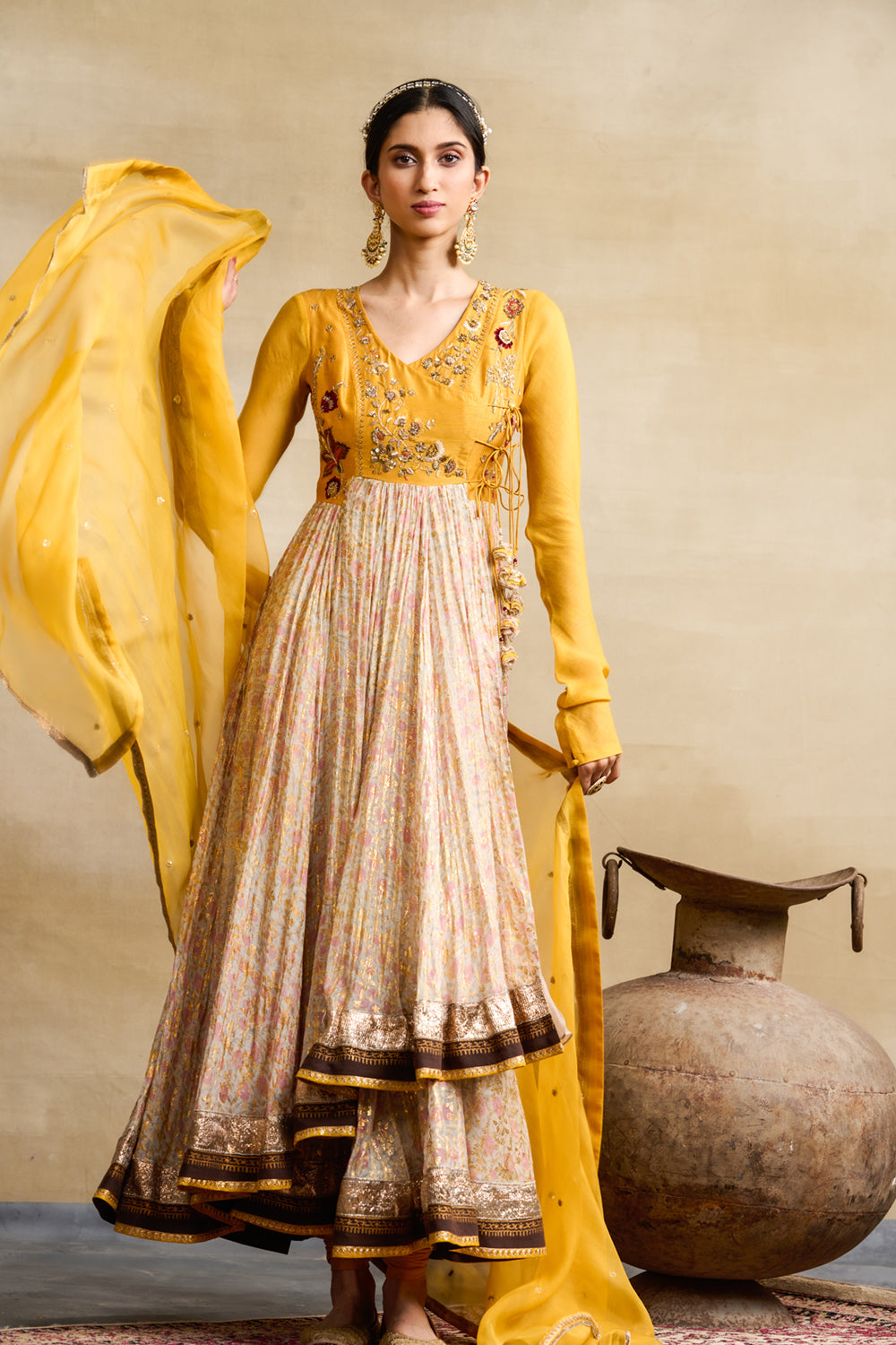 Yellow & Toosh Chanderi Printed & Embroidered Anarkali Set (3 PCS)