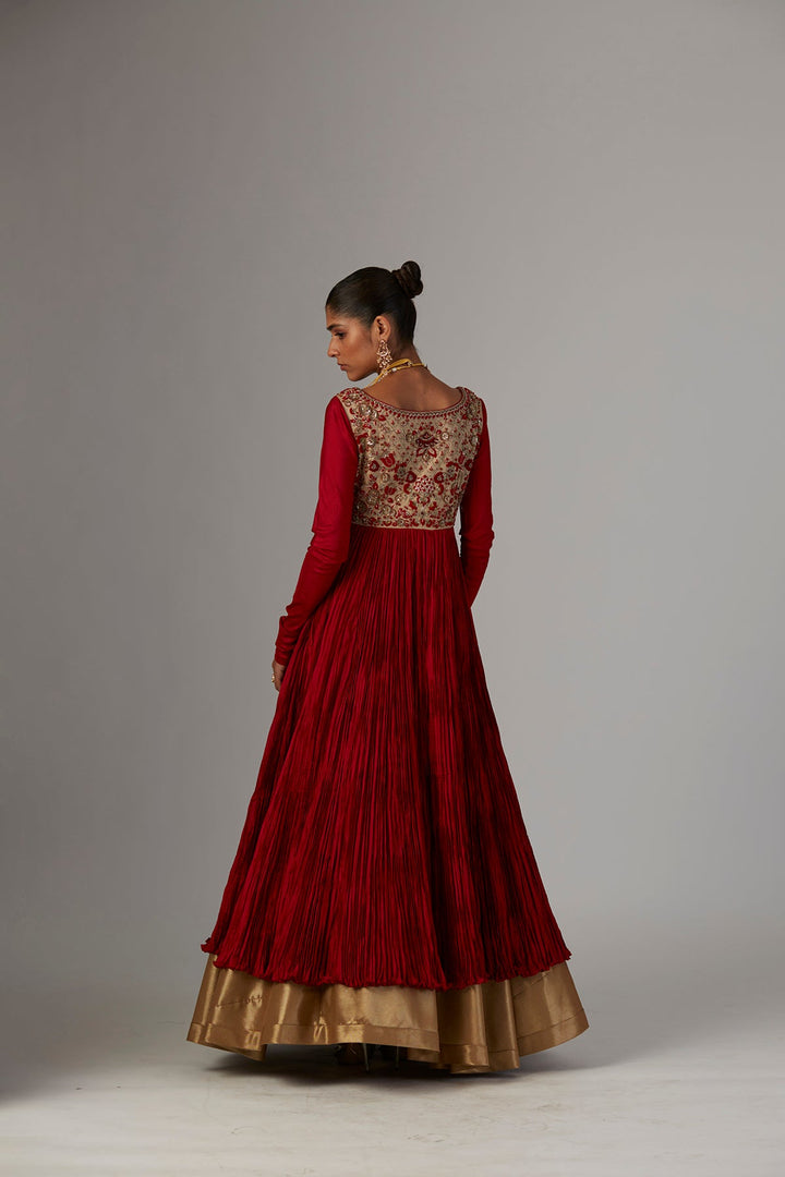 Red Silk Emb. Anarkali Organza Emb. Dupatta & Copper Lame Skirt