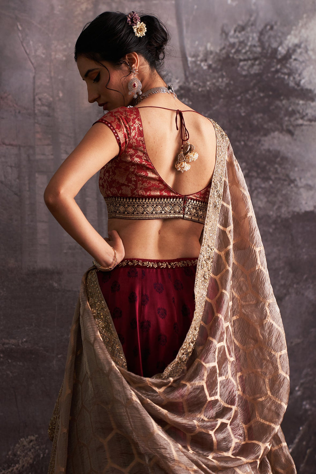 Maroon Mushroo Embroidered Lehenga Set (3 PCS)