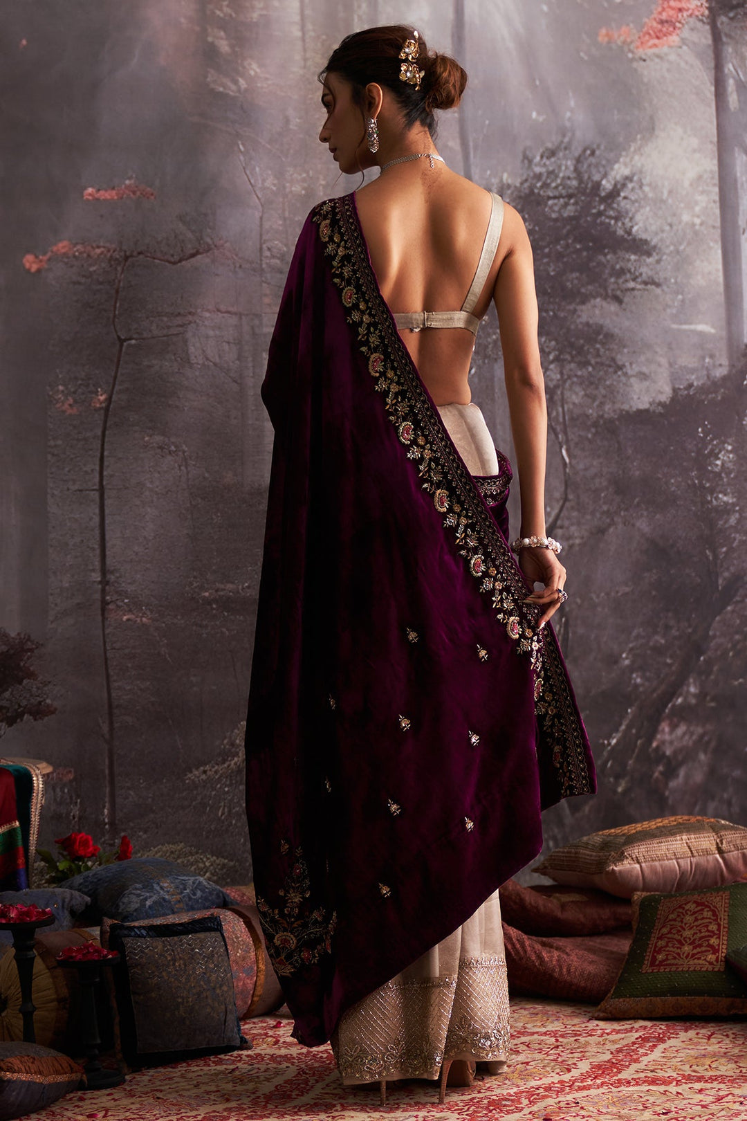 Brown Crush Organza Tissue & Purple Velvet Embroidered Saree Set (4 PCS)