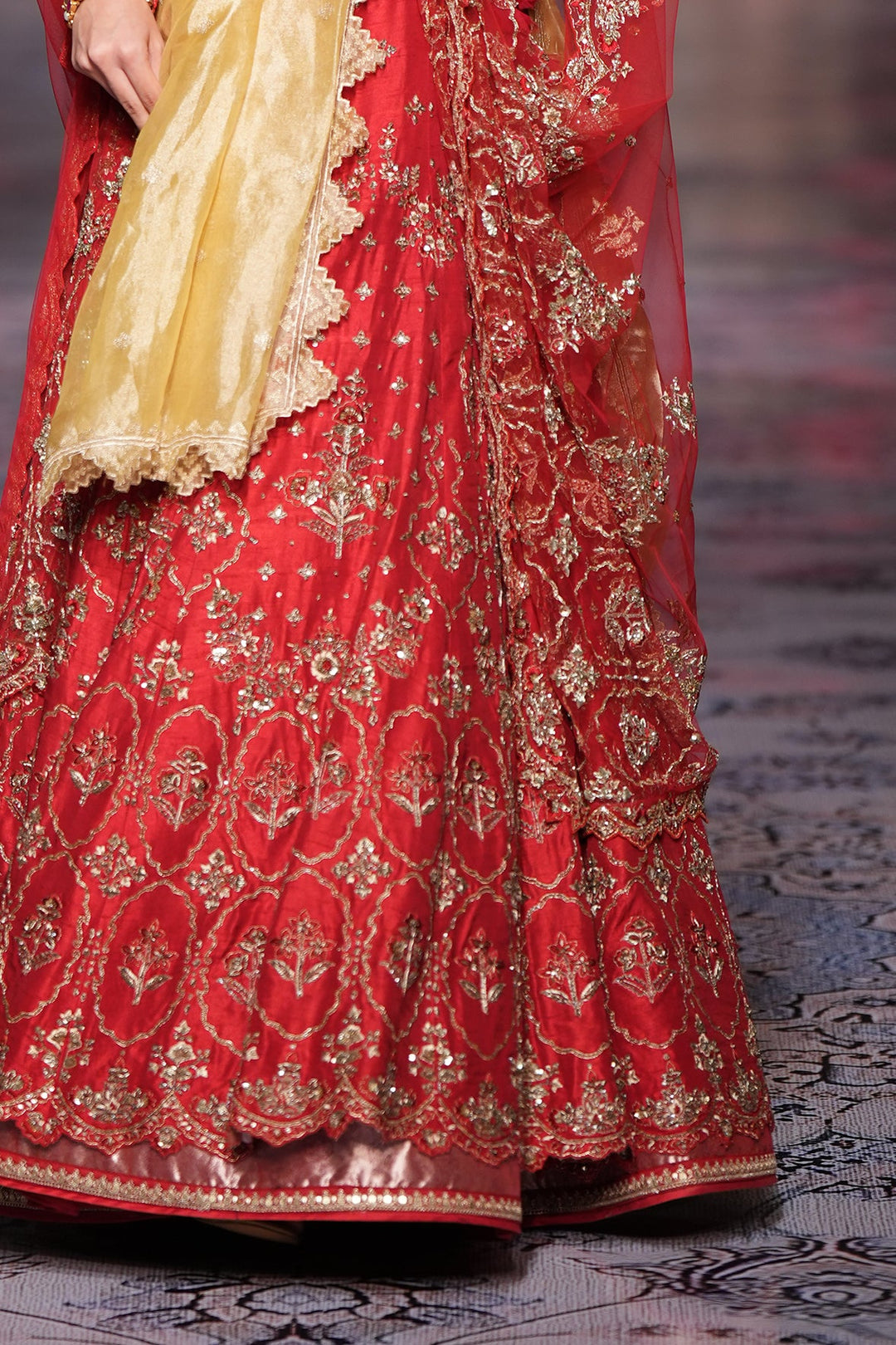 Red & Yellow Silk Dupion Embroidered Double Layered Lehenga & Dupatta (1 PC)