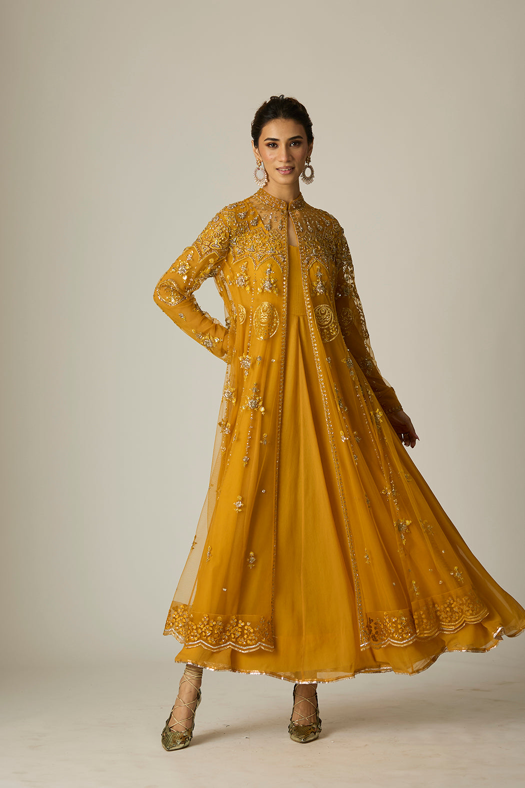 Mustard Chiffon & Tulle Embroidered Jacket Set (2 PCS)