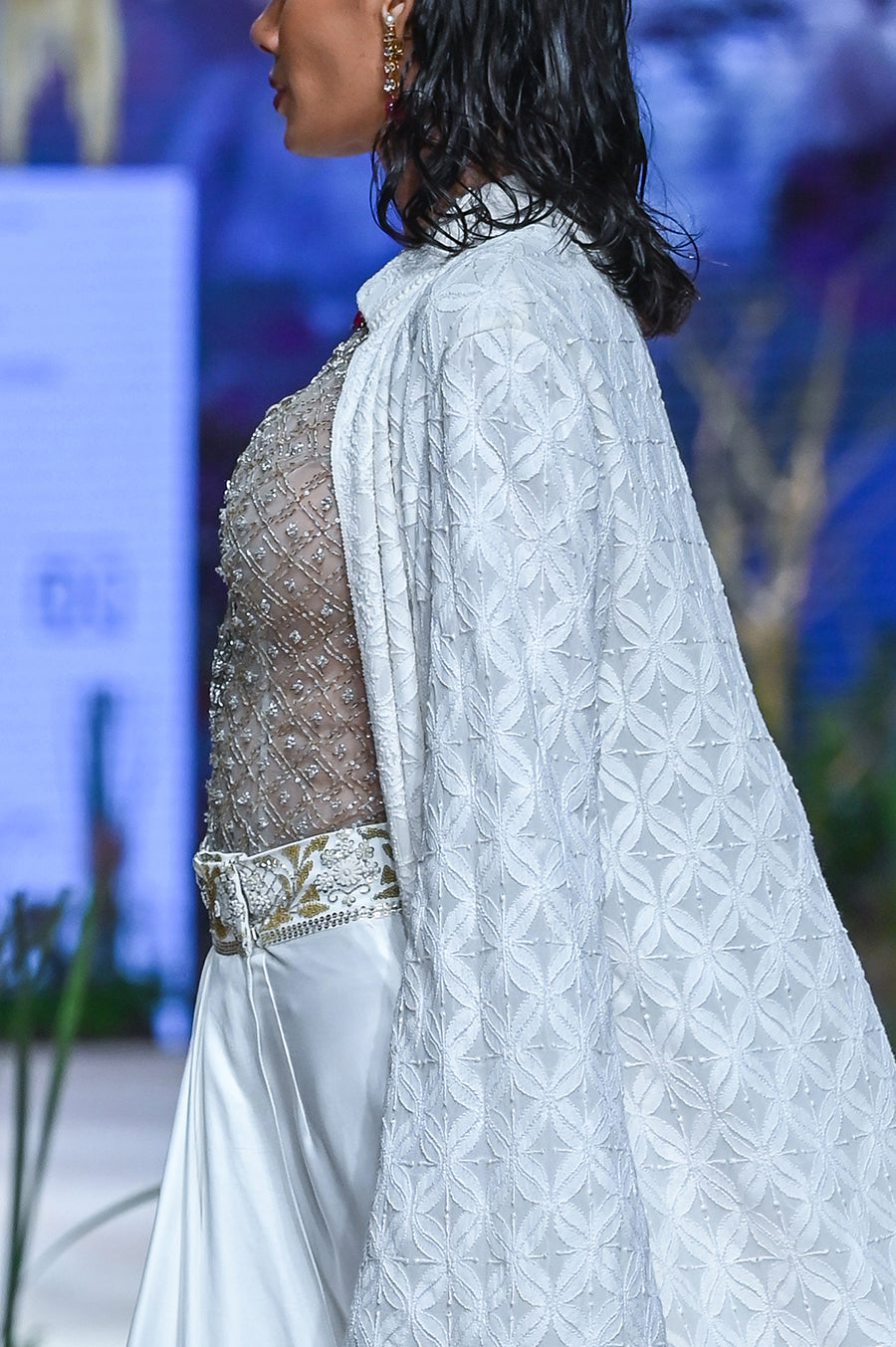 Toosh Emb. Bodysuit With Ivory Mushroo Drape Skirt And Ivory Chikankari Cape