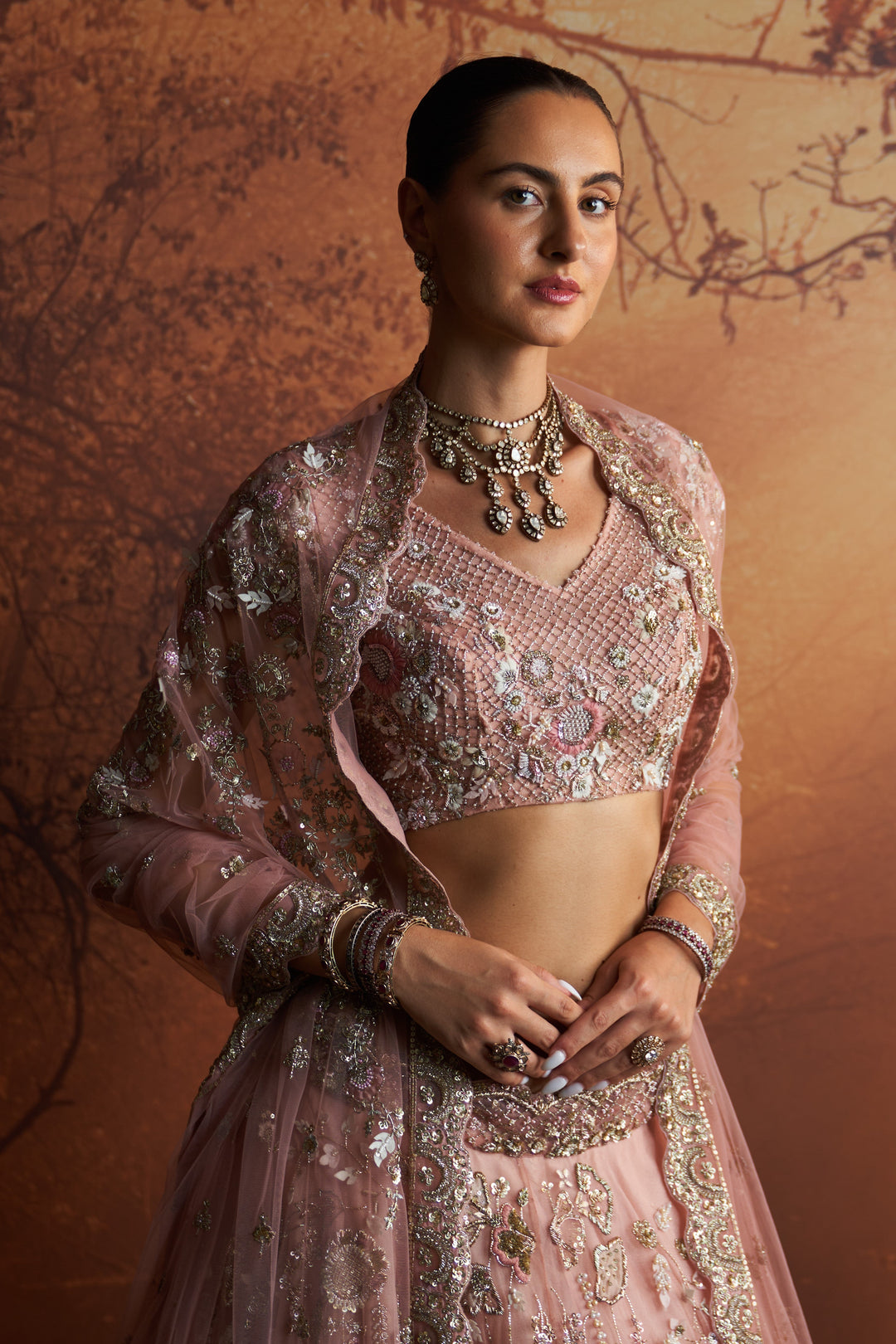 Salmon Pink Embroidered Double Layer Lehnga Paired With Scallop Embroidered Veil And Dupatta