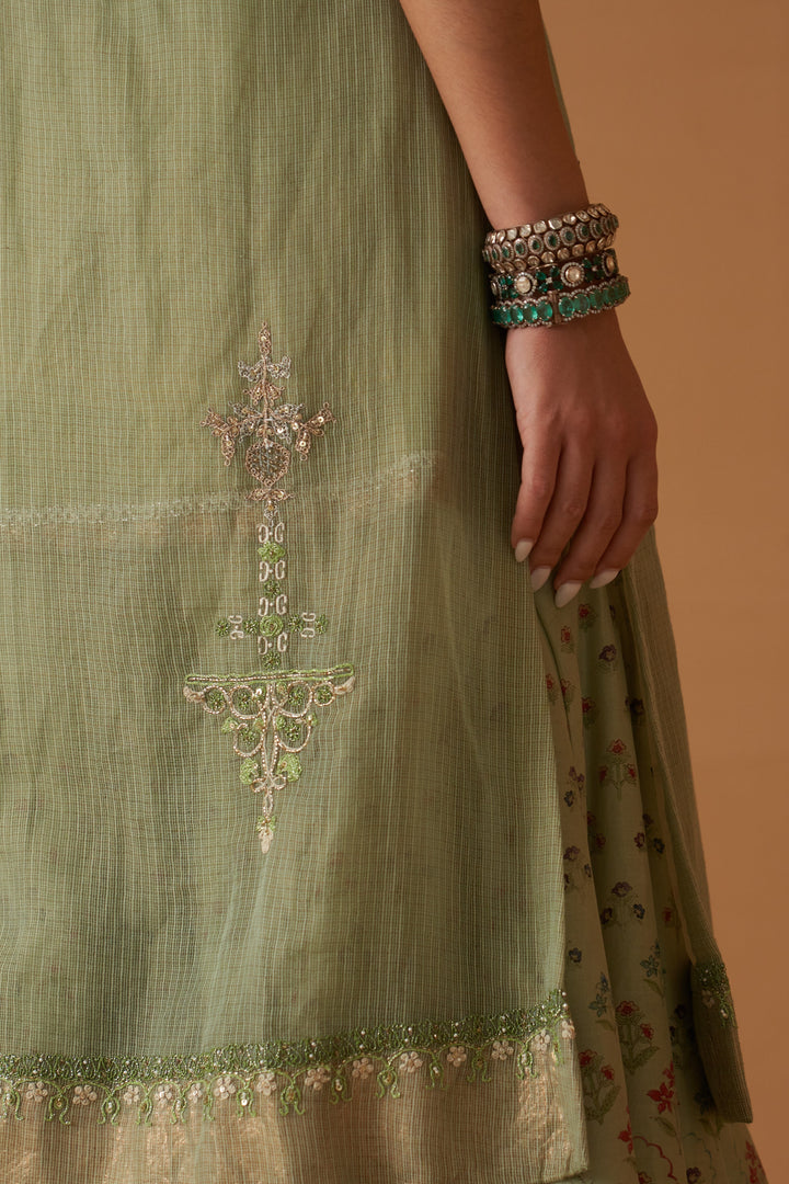 Mint Kota Tissue Embroidered Jacket With Mint Maheshwari Tissue Inner And Mint Printed Sharara