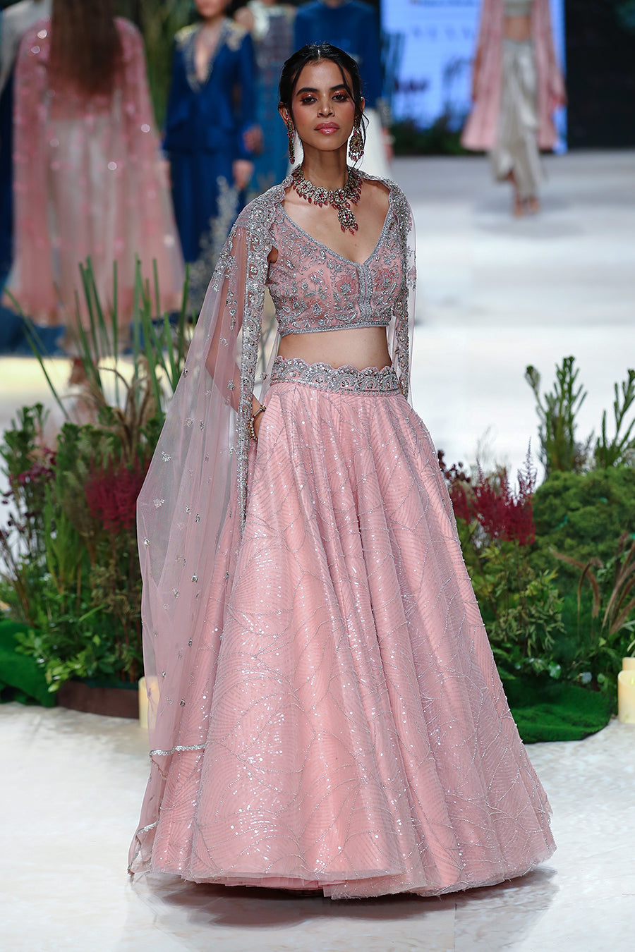 Old Rose Net Embroidered Lehenga