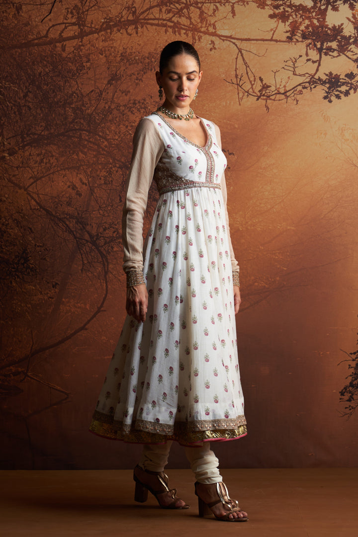 Ivory Printed Chanderi Anarkali Set