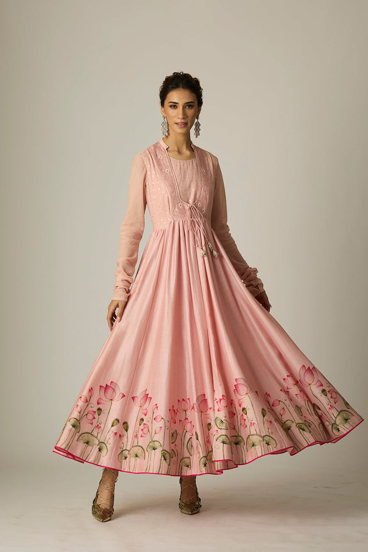 Old Rose Lotus Printed & Embroidered Anarkali Set(3 PCS)