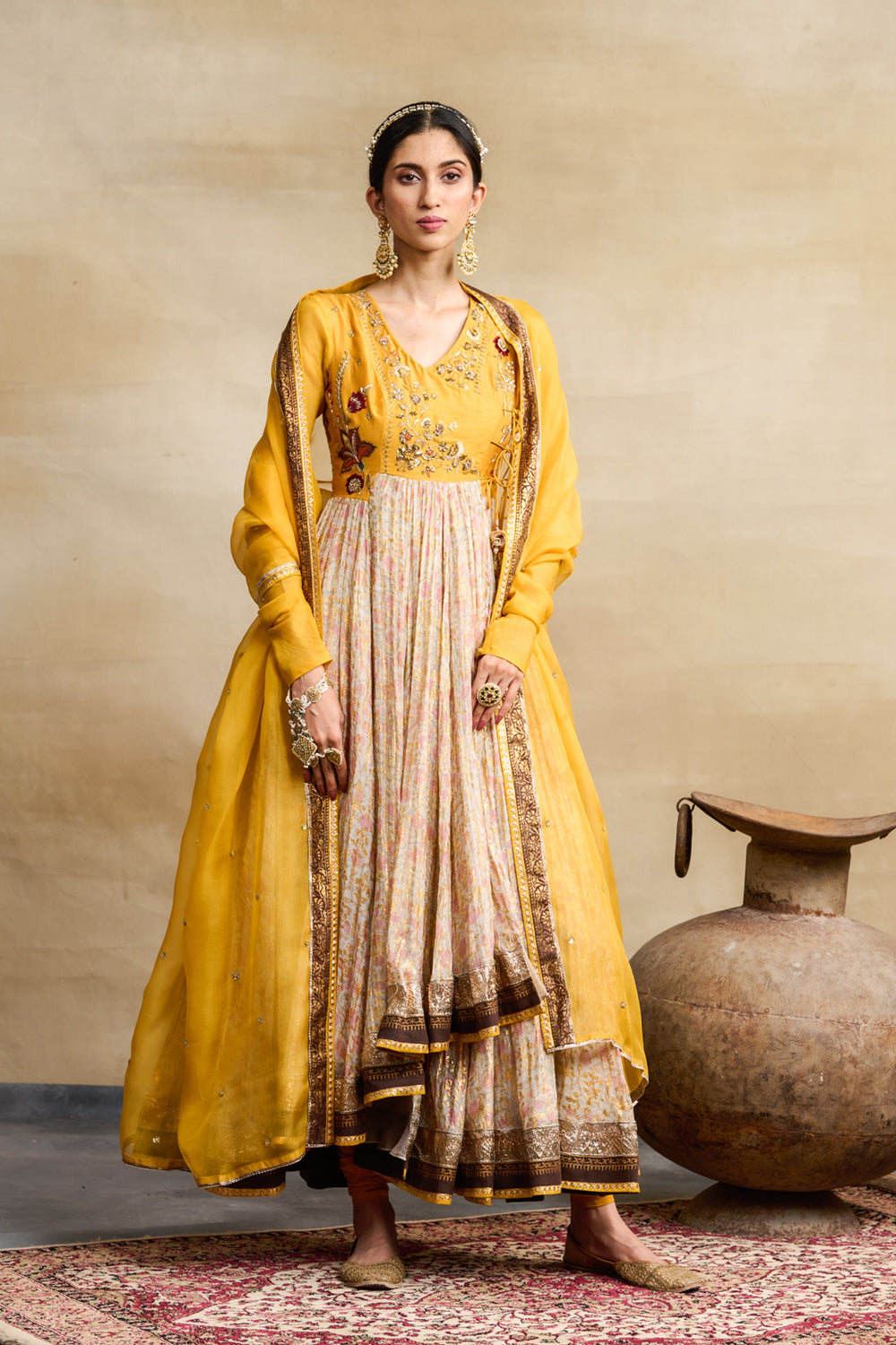 Yellow & Toosh Chanderi Printed & Embroidered Anarkali Set (3 PCS)