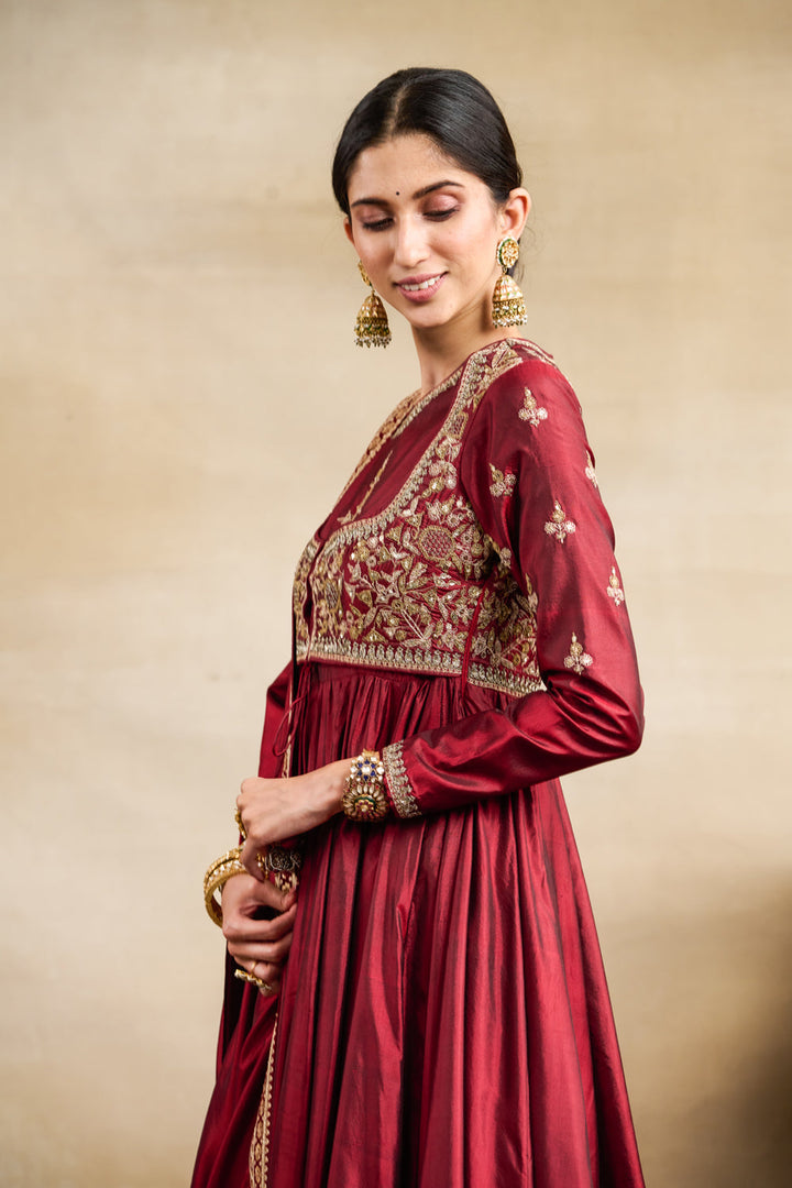 Maroon Silk Jacket Style Embroidered Anarkali Set