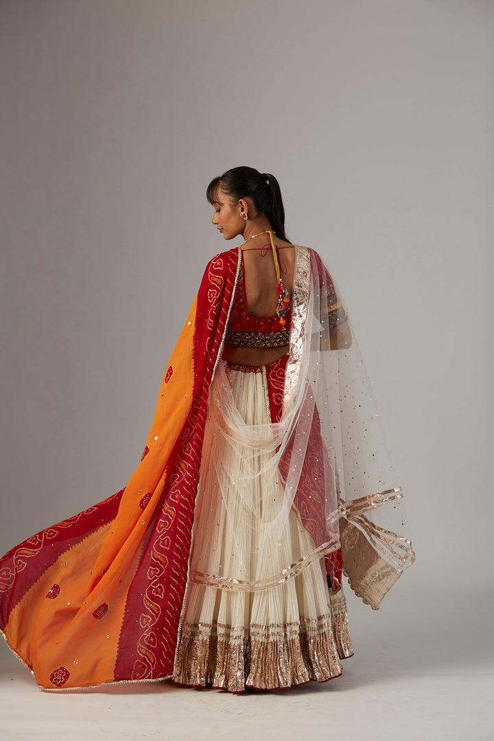 Ivory Gauze Crinkled Lehenga Set With Chanderi Unstitched Blouse