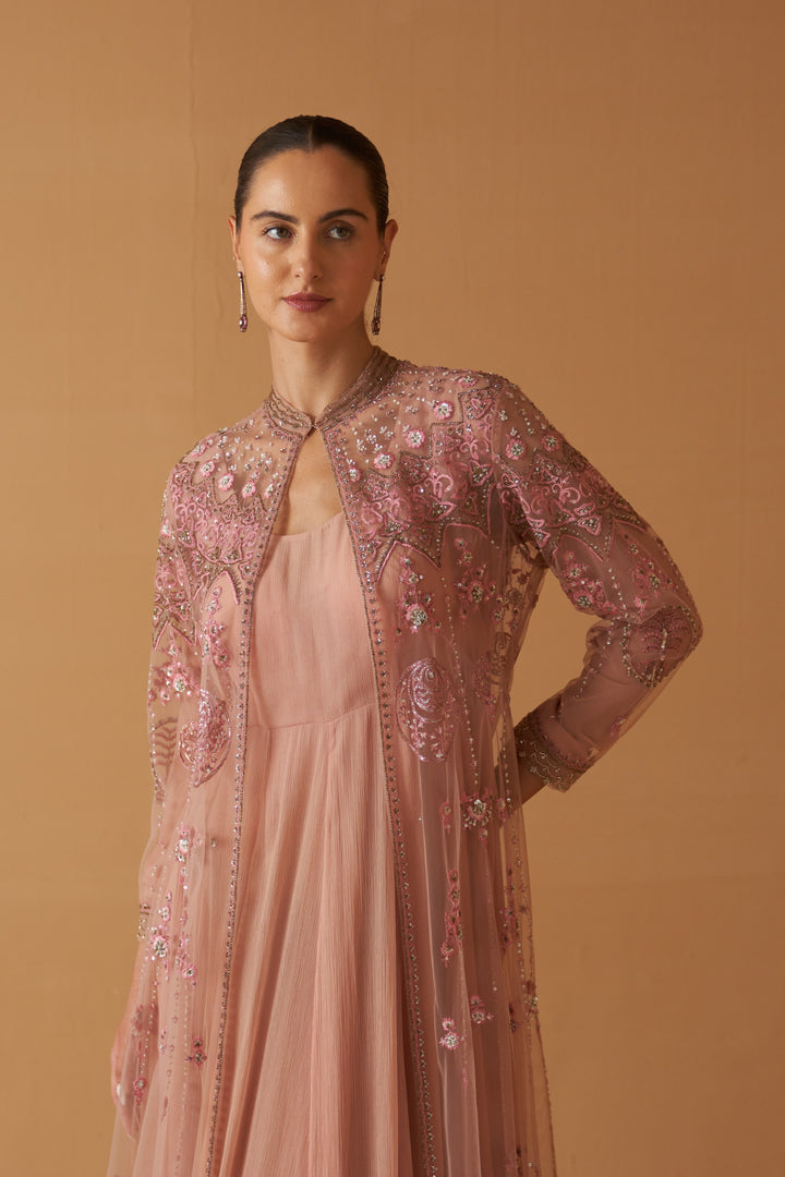 Old Rose Net Embroidered Jacket And Old Rose Chiifon Anarkali