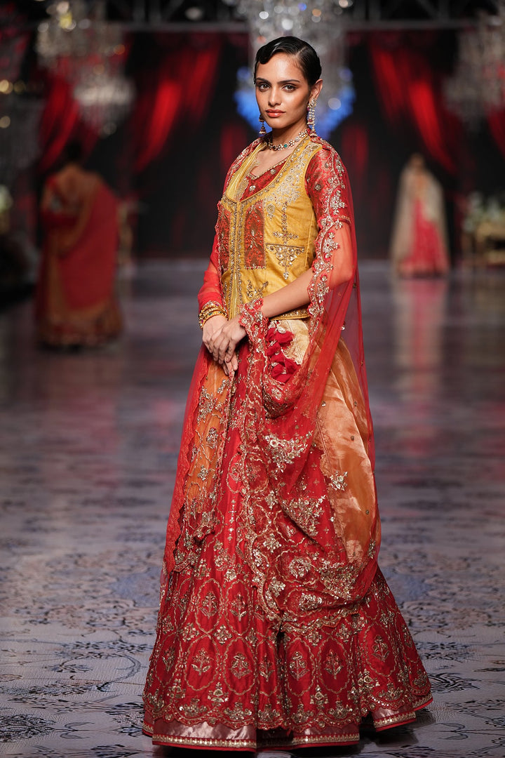 Red & Yellow Silk Dupion Embroidered Double Layered Lehenga & Dupatta (1 PC)