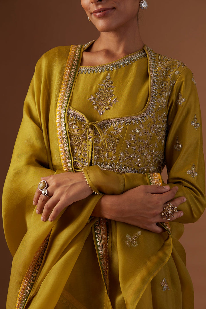 Olive Tissue Anarkali Paired With Churidaar And Dupatta