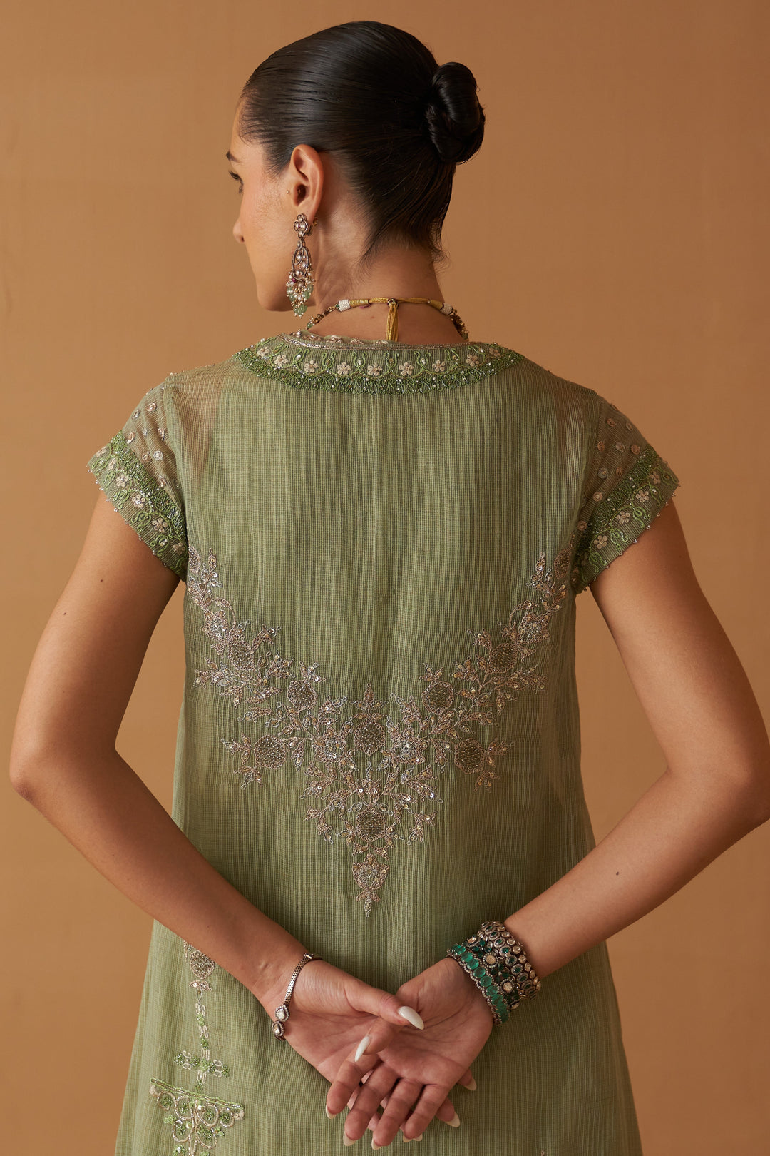 Mint Kota Tissue Embroidered Jacket With Mint Maheshwari Tissue Inner And Mint Printed Sharara