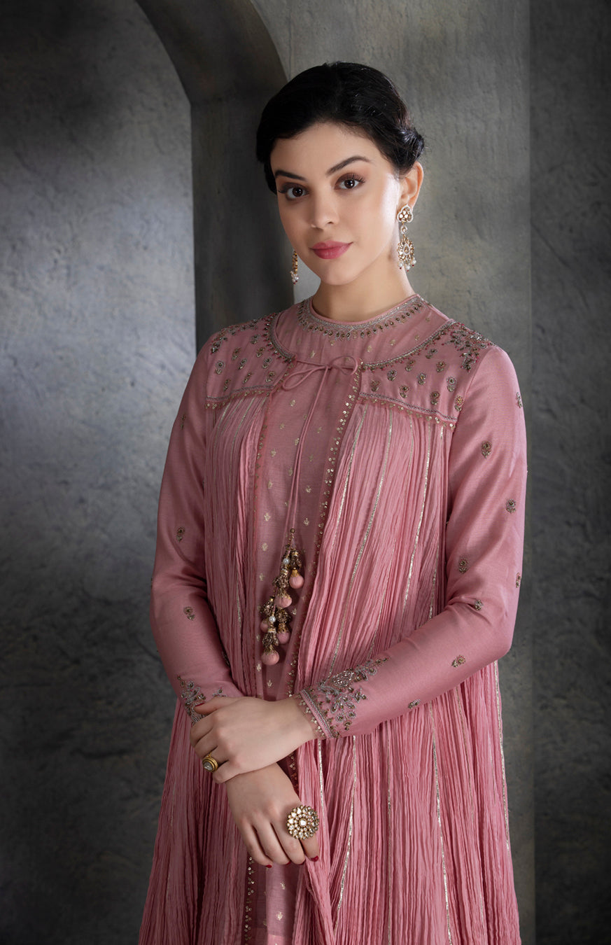 Dusty Pink Chanderi & Cotton Floral Embroidered Angrakha Set