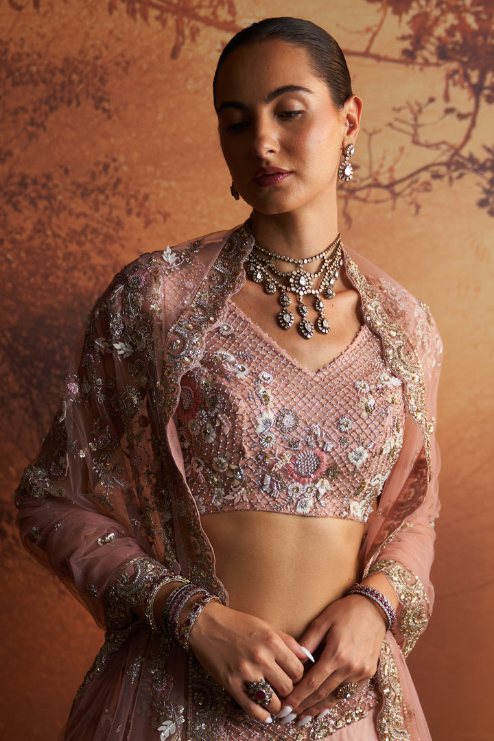 Salmon Pink Embroidered Double Layer Lehnga Paired With Scallop Embroidered Veil And Dupatta