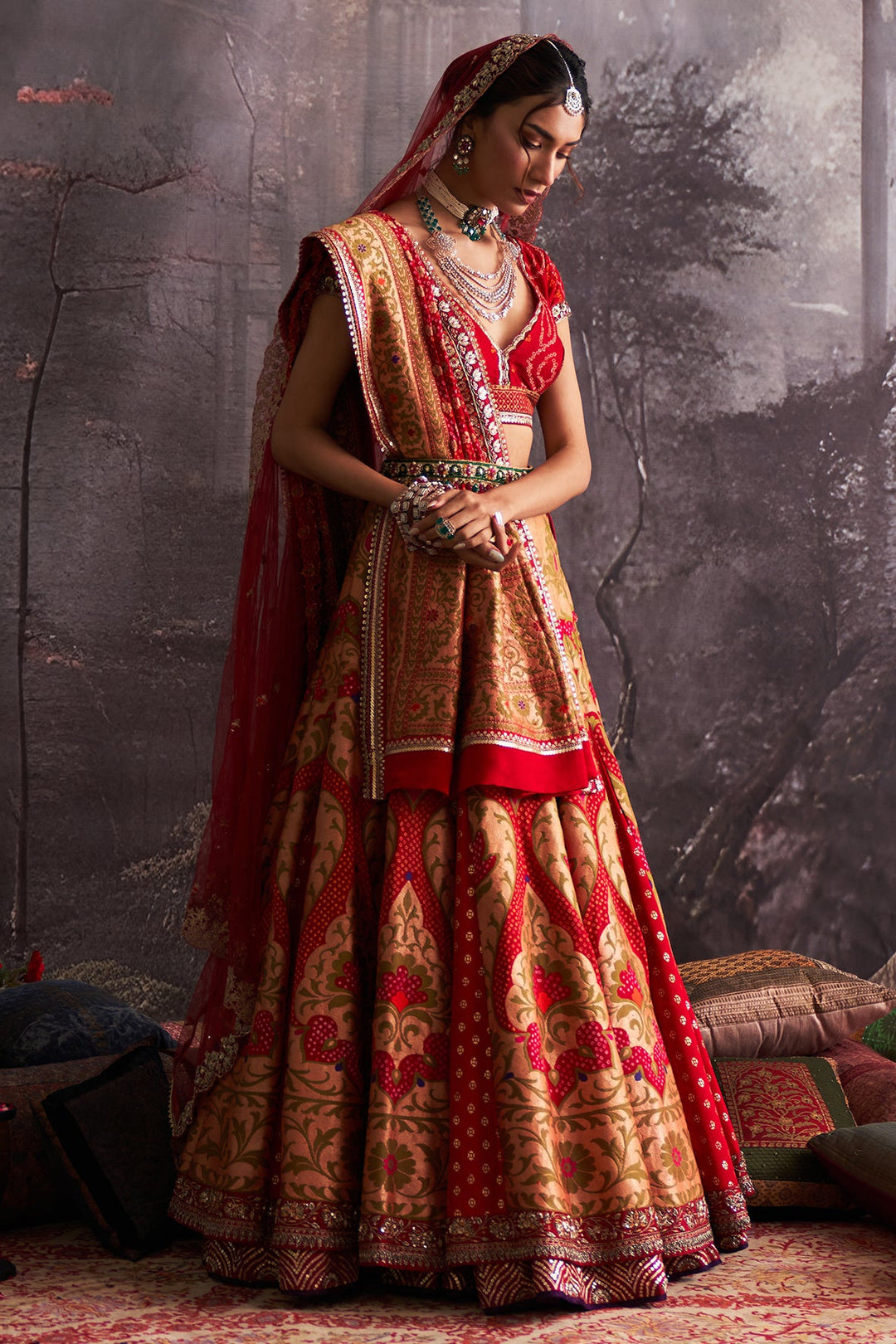 Red Bandhani Embroidered Lehenga Set (4 PCS)