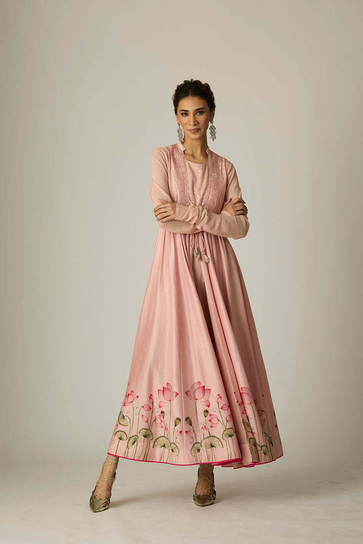 Old Rose Lotus Printed & Embroidered Anarkali Set(3 PCS)