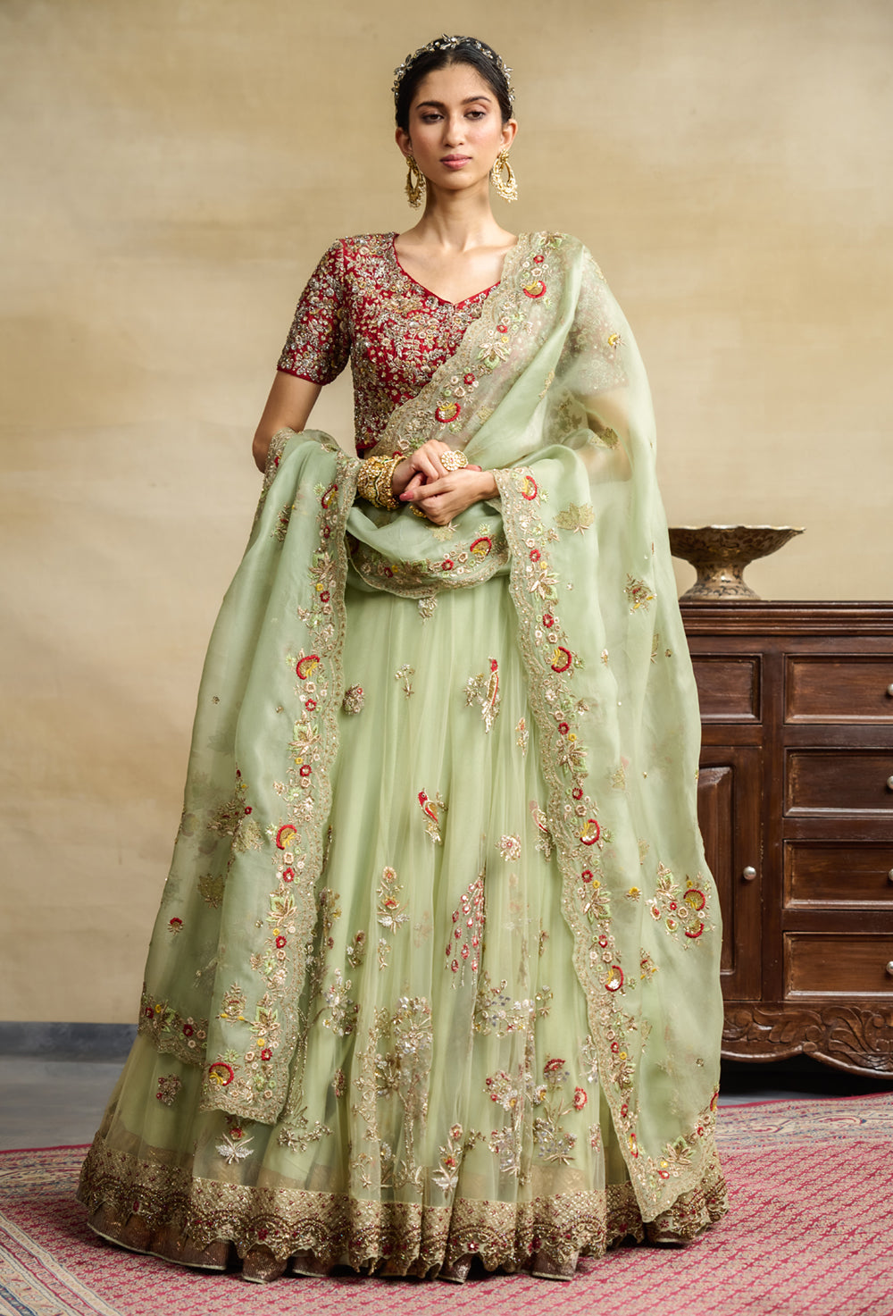 Mint Tulle Heavy Embroidered Lehanga Set