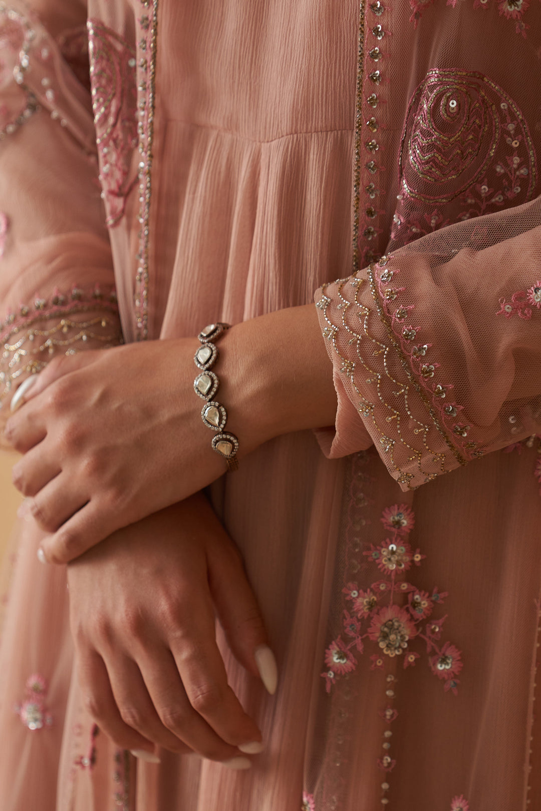 Old Rose Net Embroidered Jacket And Old Rose Chiifon Anarkali