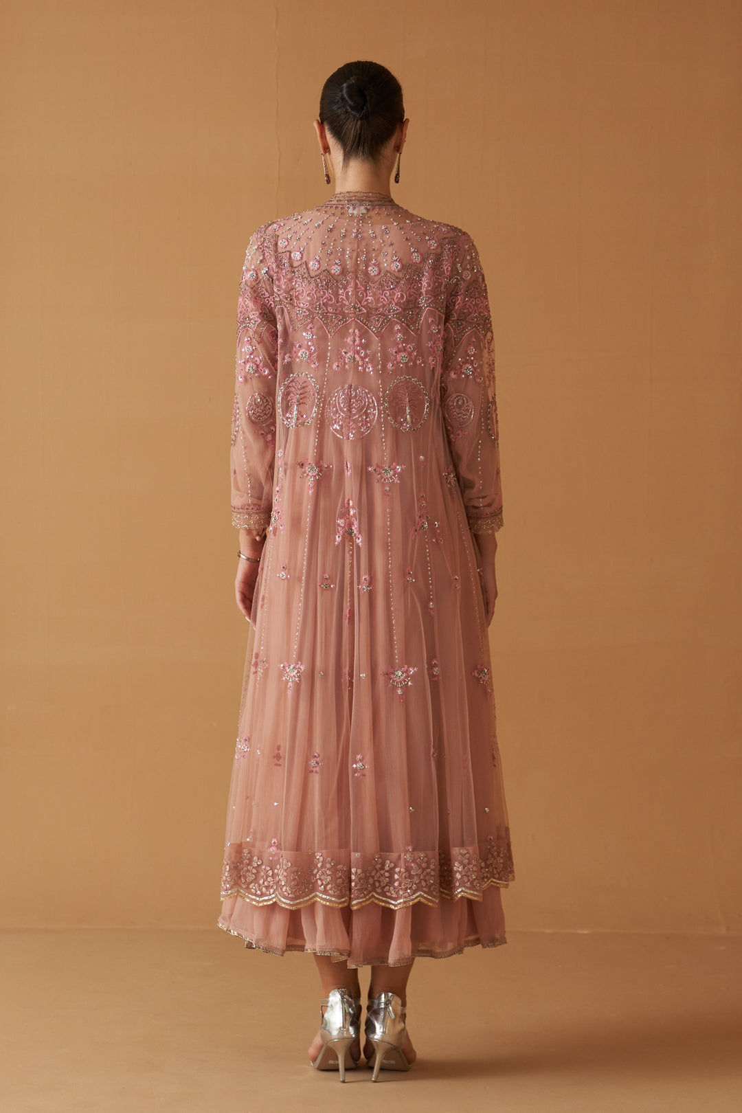 Old Rose Net Embroidered Jacket And Old Rose Chiifon Anarkali