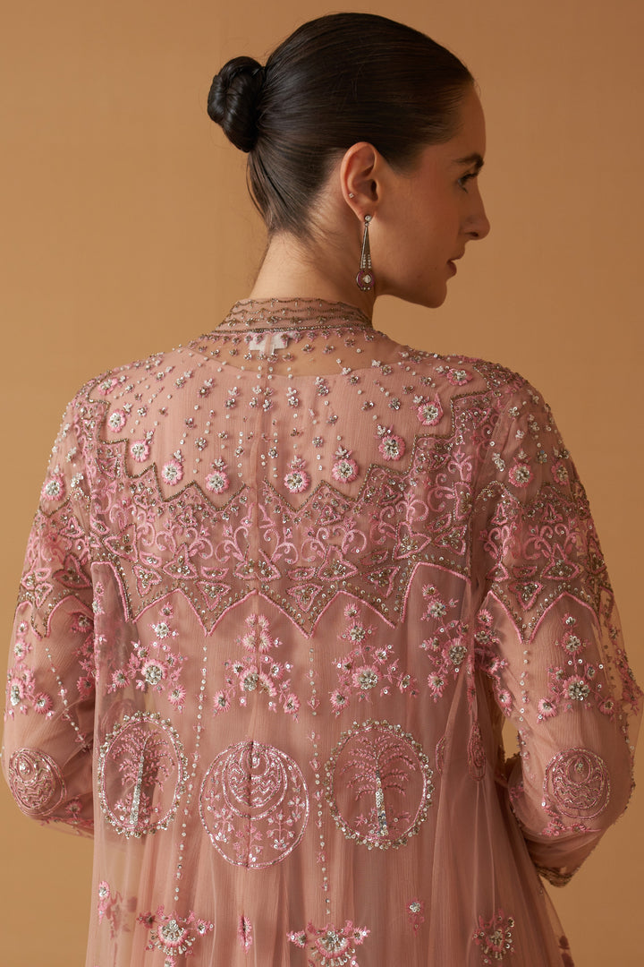 Old Rose Net Embroidered Jacket And Old Rose Chiifon Anarkali