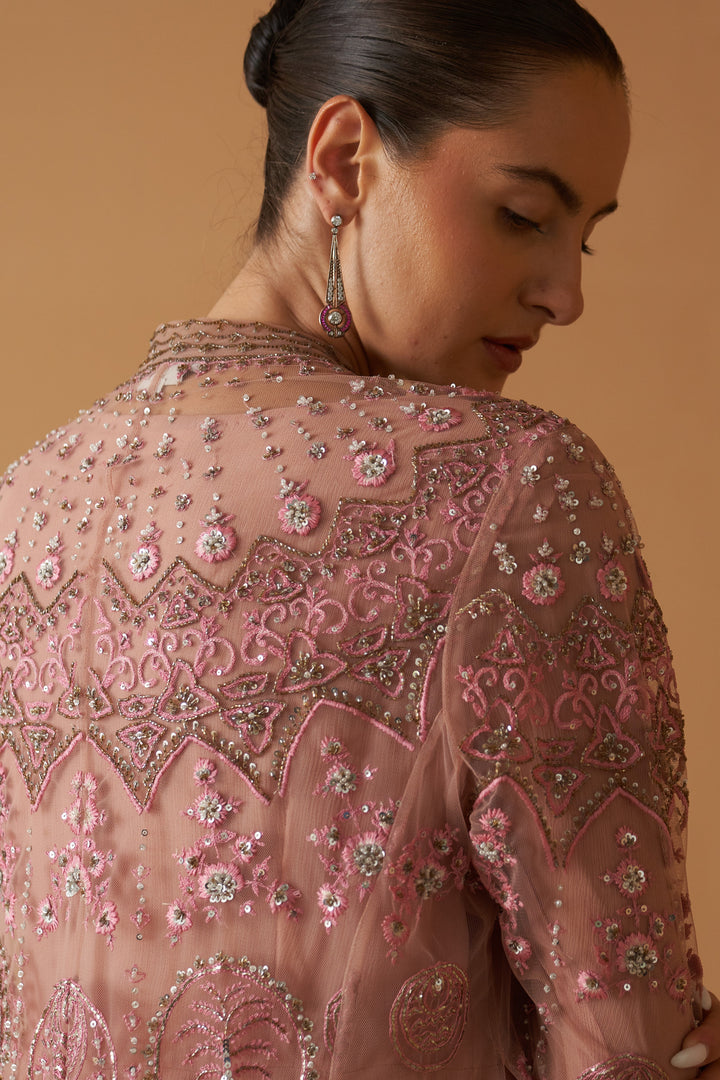 Old Rose Net Embroidered Jacket And Old Rose Chiifon Anarkali