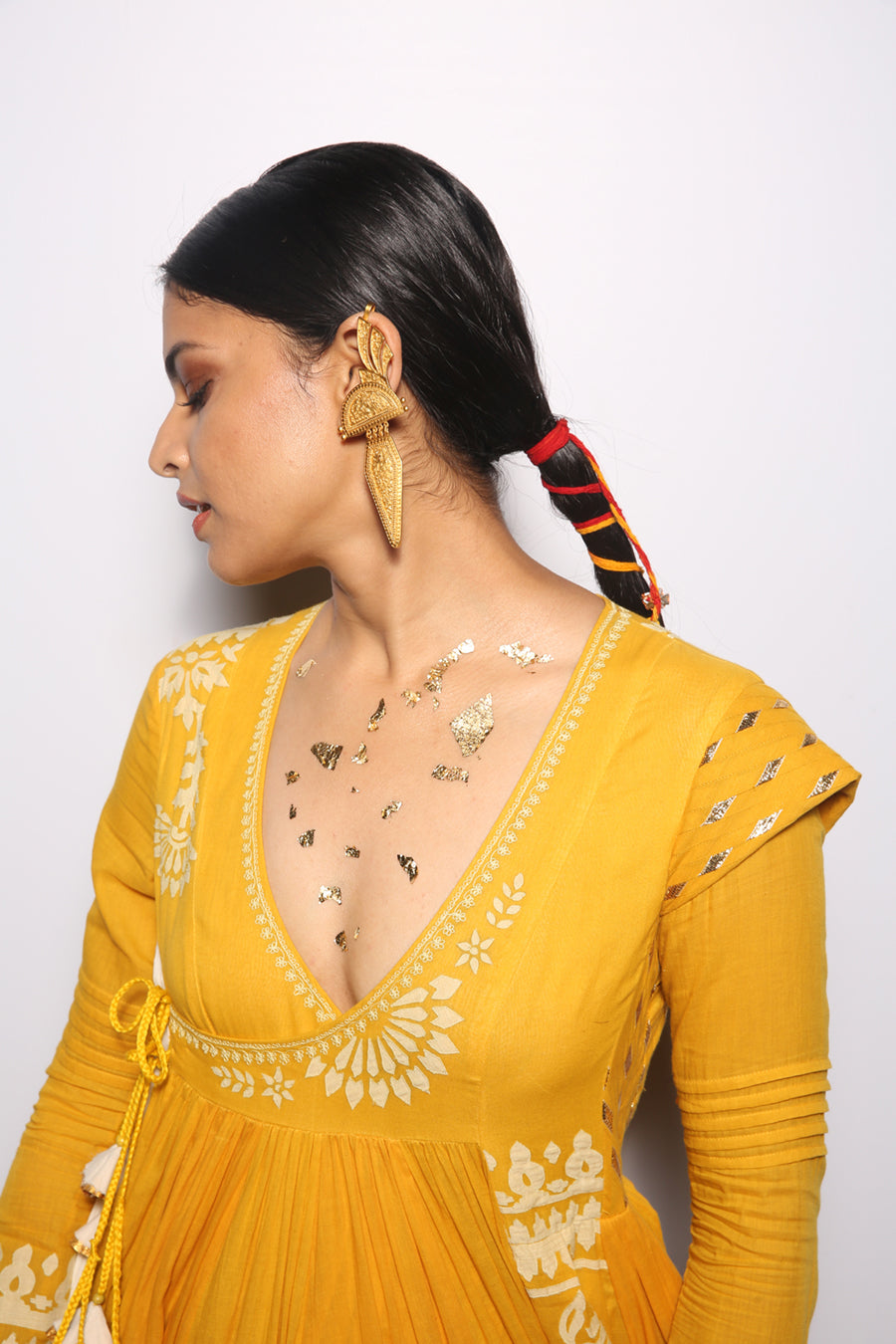 Turmeric & Ivory Khadi Embroidered & Foil Printed Angrakha Set (2 PCS)