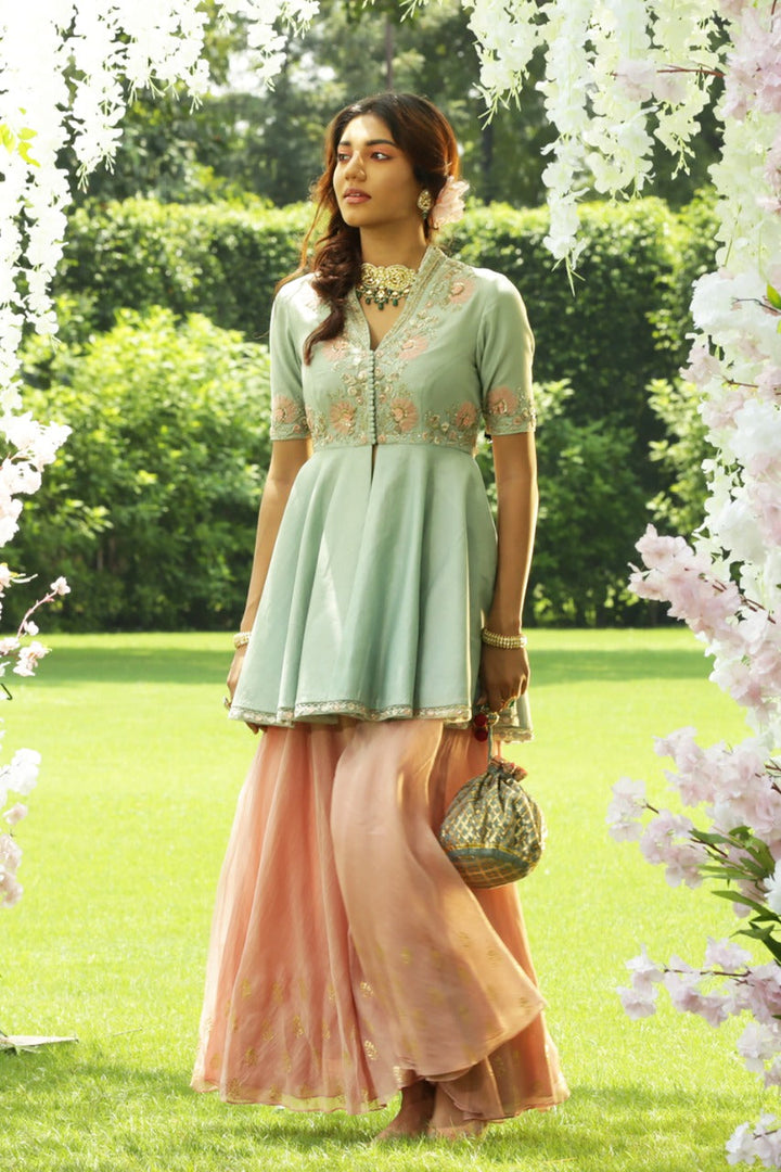 Classy Aqua Embroidered Peplum Kurta Set.