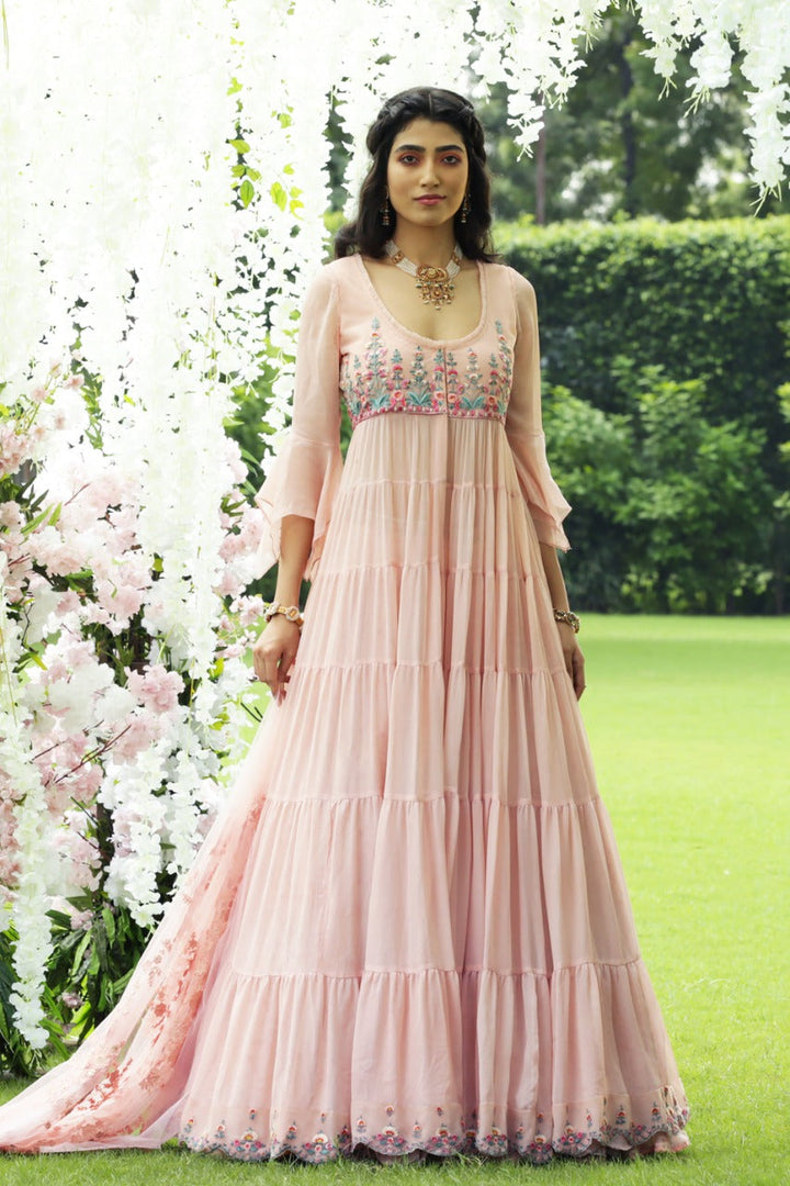 Blush Chiffon Embroidered Tiered Anarkali Set