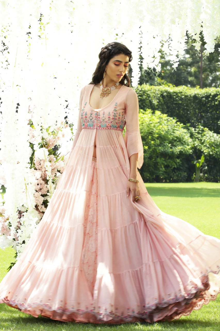 Blush Chiffon Embroidered Tiered Anarkali Set