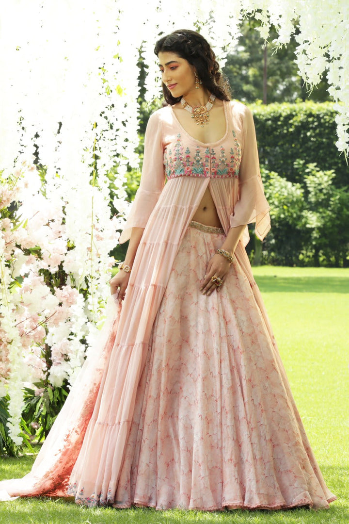 Blush Chiffon Embroidered Tiered Anarkali Set