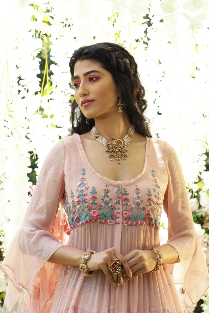 Blush Chiffon Embroidered Tiered Anarkali Set