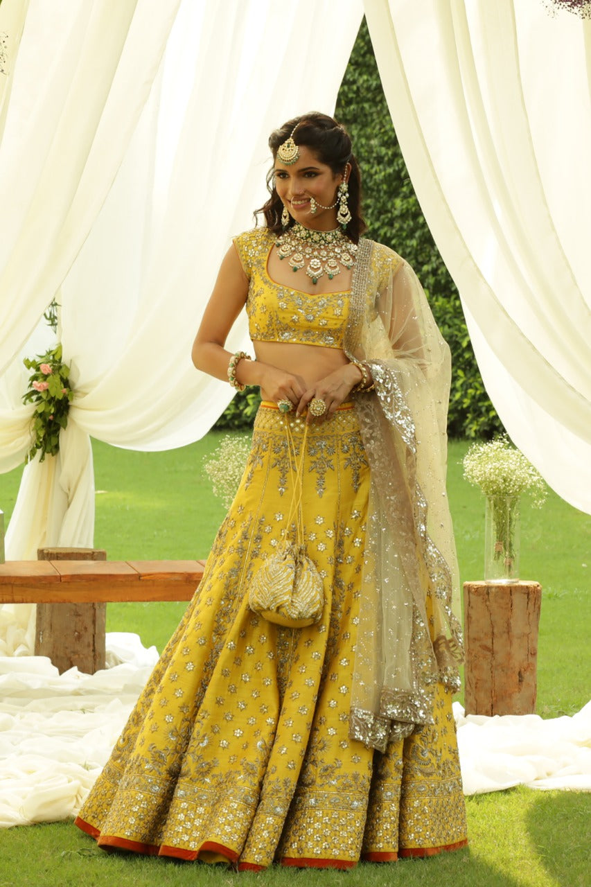 Mustard Gota Patti Embroidered Silk Lehenga Set (2 PCS)