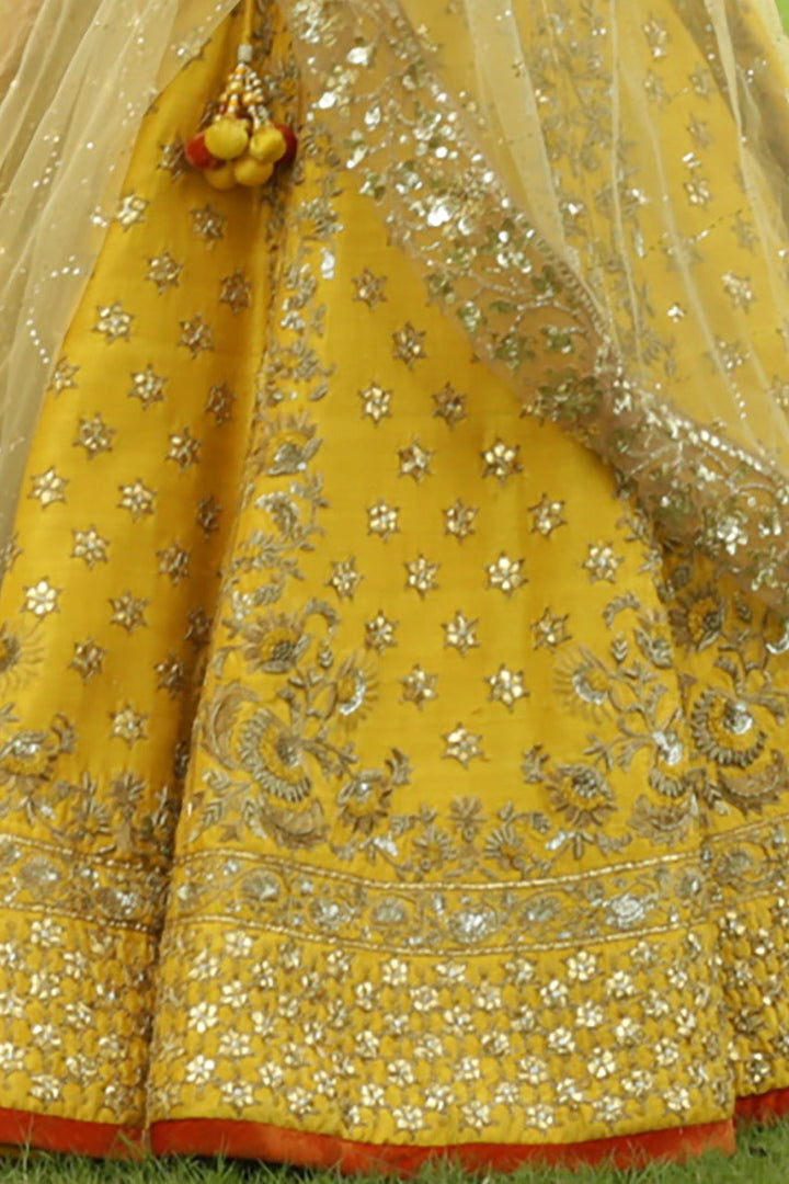 Mustard Gota Patti Embroidered Silk Lehenga Set (2 PCS)