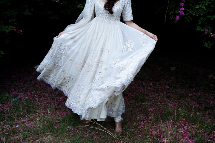 Ivory Embroidered Anarkali With Churidaar & Silk Organza Dupatta